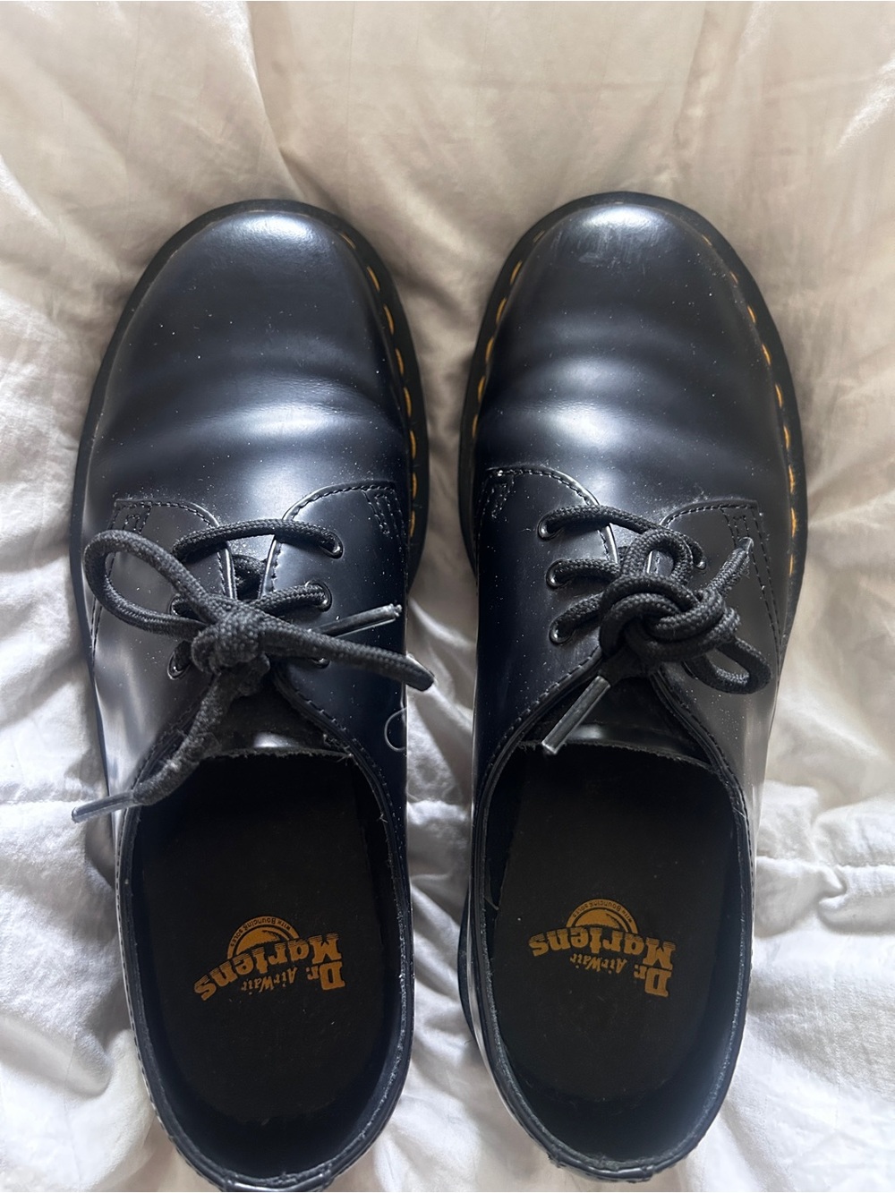 Dr. Martens Black 3-Eye Leather Oxfords with Yellow Welt Stitching